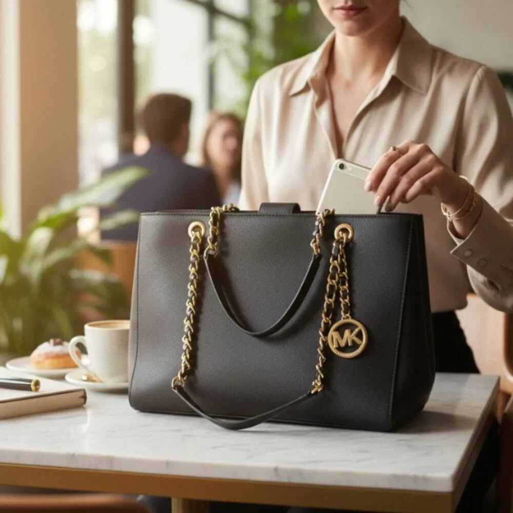 Michael Kors Susannah Black Saffiano Leather Structured Satchel Tote Gold Chain